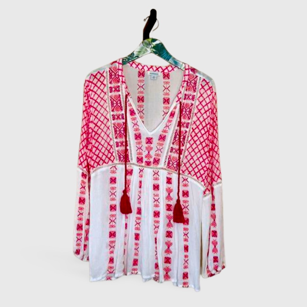 Sundance White & pink cross stitch needlepoint embroidered tunic top Size M